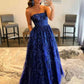 Strapless Navy Blue Lace Long Prom Dresses Evening Dresses with Pocket nv1558