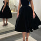 Strapless Tea Length Black Velvet Prom Dresses, Black Velvet Homecoming Dresses, Black Formal Evening Dresses nv1512