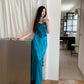 Two piece sweetheart elegant peacock blue satin ball gown party dress evening dress suit nv1782