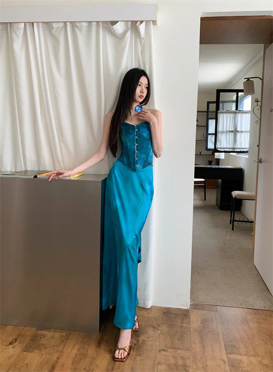 Two piece sweetheart elegant peacock blue satin ball gown party dress evening dress suit nv1782