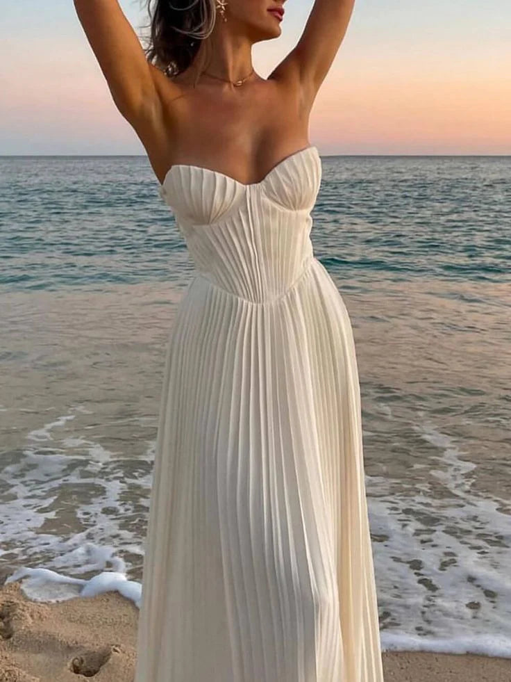 White sweetheart pleated off-shoulder long satin ball gown, evening dress, beach holiday party dress nv2282