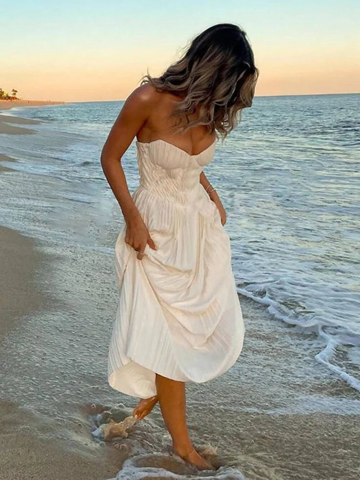 White sweetheart pleated off-shoulder long satin ball gown, evening dress, beach holiday party dress nv2282