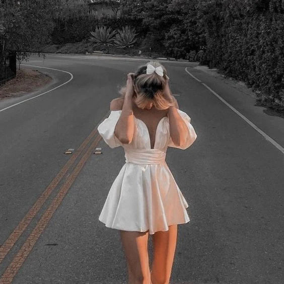 Elegant White Off The Shoulder V Neck Homecoming Dress Short Prom Dress nv1729