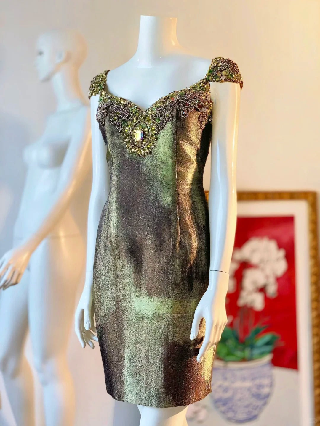 🌿Moss Green Short Satin Beaded Homecoming Dress Birthday Dress nv5141