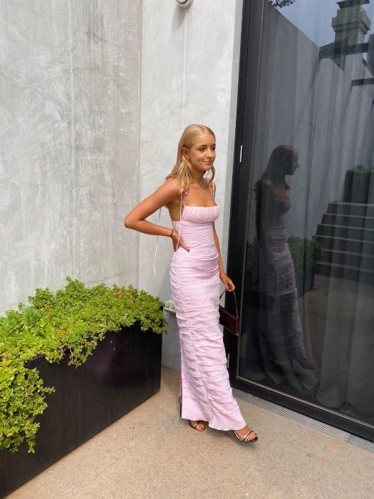 Pink Elegant Spaghetti Strap Pleated Long Banquet Dress Wedding Guest Dress Evening Dress Party Dress Prom Dress nv1784