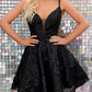V Neck Black Lace Prom Dresses, Black Lace Homecoming Dresses, Short Black Formal Graduation Evening Dresses  nv1485