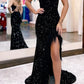 Cute Mermaid V Neck Black Sequins Long Prom Dresses with Slit nv965