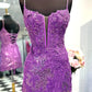 V Neck Open Back Purple Lace Sequins Prom Dresses, Purple Lace Homecoming Dresses, Short Purple Sequins Formal Evening Dresses  nv1471