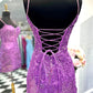V Neck Open Back Purple Lace Sequins Prom Dresses, Purple Lace Homecoming Dresses, Short Purple Sequins Formal Evening Dresses  nv1471
