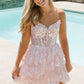 V Neck Pink Lace Sequins Short Prom Dresses, Pink Lace Homecoming Dresses, Pink Sequins Formal Graduation Evening Dresses nv1481