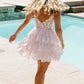 V Neck Pink Lace Sequins Short Prom Dresses, Pink Lace Homecoming Dresses, Pink Sequins Formal Graduation Evening Dresses nv1481