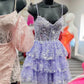 V Neck Pink Lace Sequins Short Prom Dresses, Pink Lace Homecoming Dresses, Pink Sequins Formal Graduation Evening Dresses nv1481