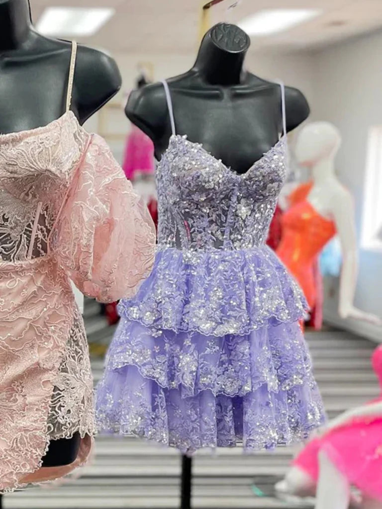 V Neck Pink Lace Sequins Short Prom Dresses, Pink Lace Homecoming Dresses, Pink Sequins Formal Graduation Evening Dresses nv1481