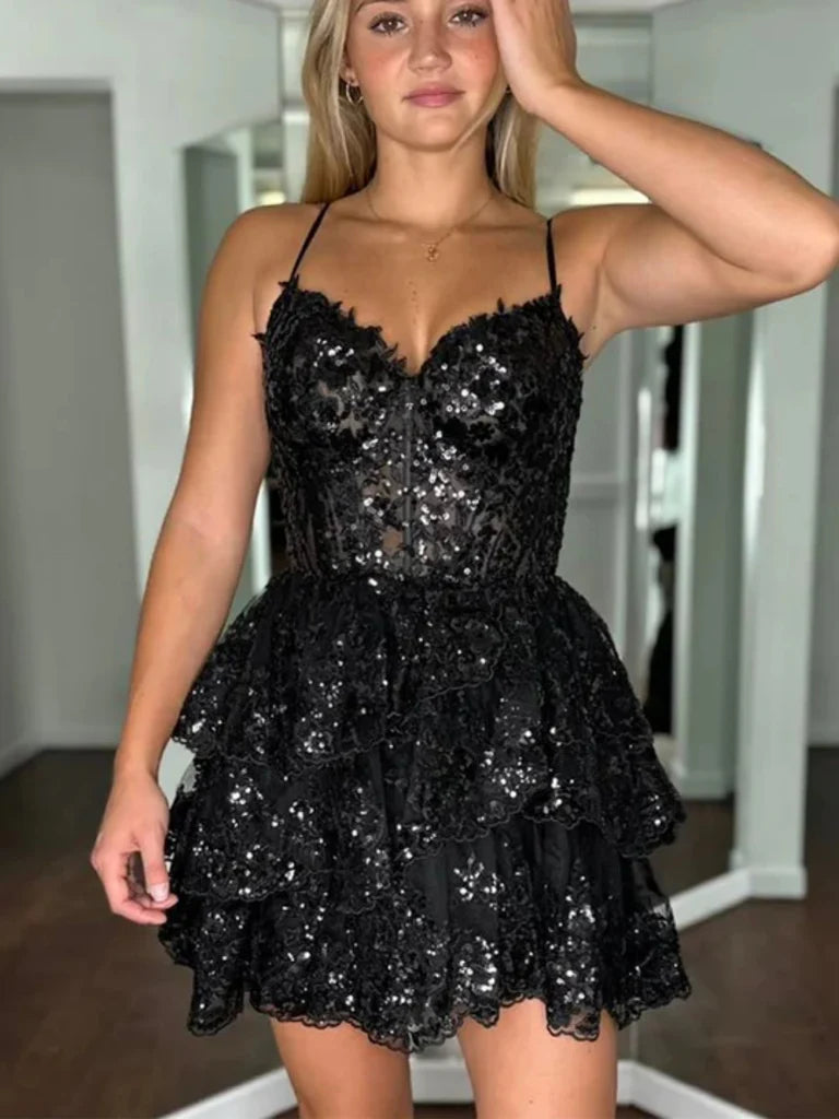 V Neck Pink Lace Sequins Short Prom Dresses, Pink Lace Homecoming Dresses, Pink Sequins Formal Graduation Evening Dresses nv1481