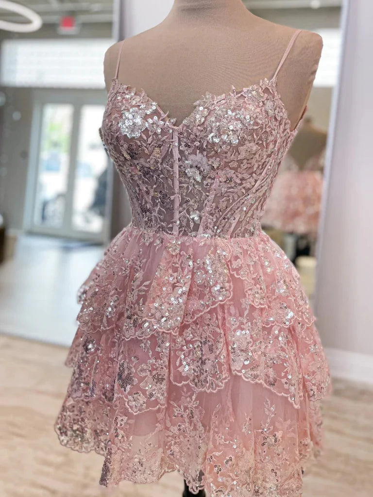 V Neck Pink Lace Sequins Short Prom Dresses, Pink Lace Homecoming Dresses, Pink Sequins Formal Graduation Evening Dresses nv1481