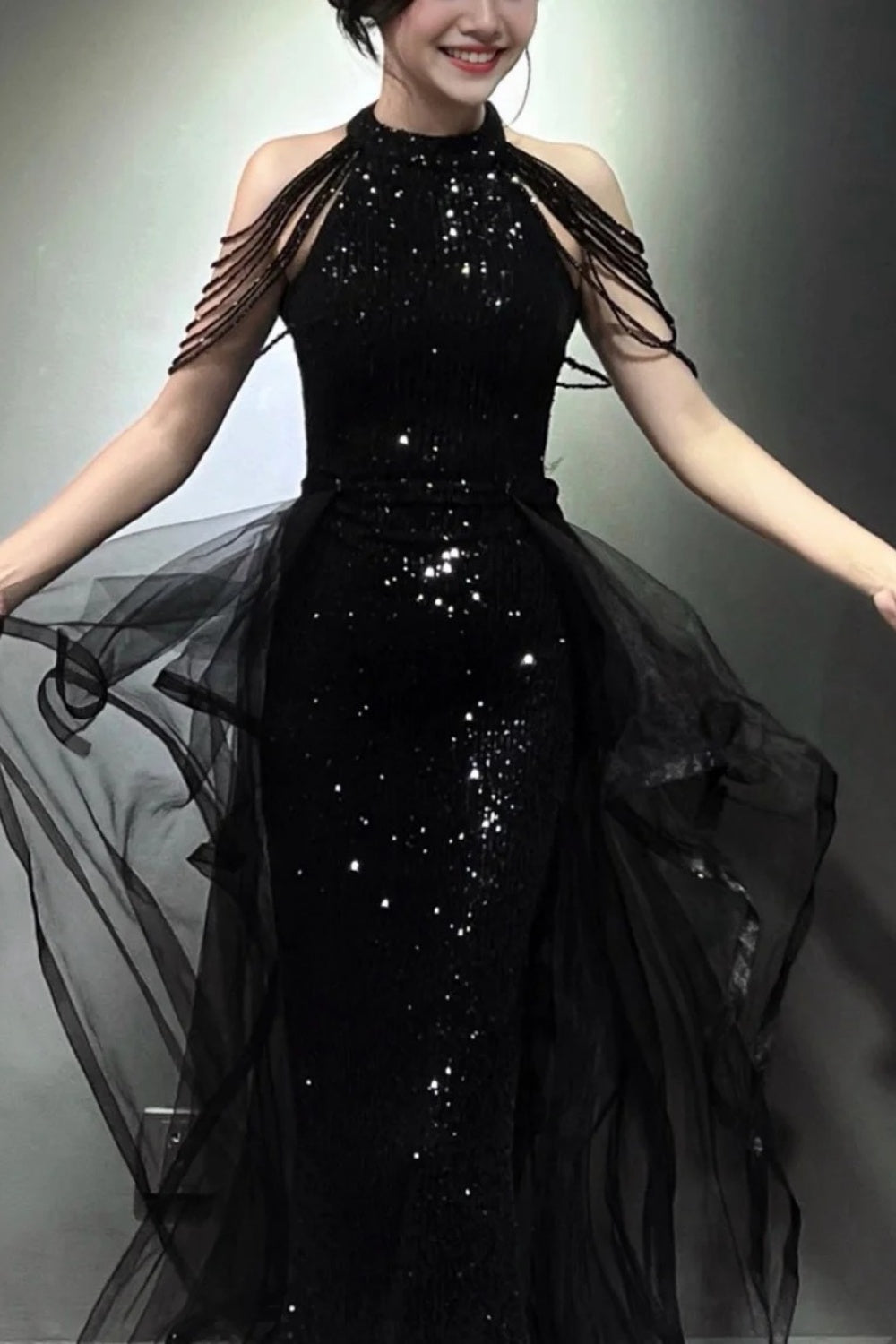 Robe de bal longue noire brillante NV6624