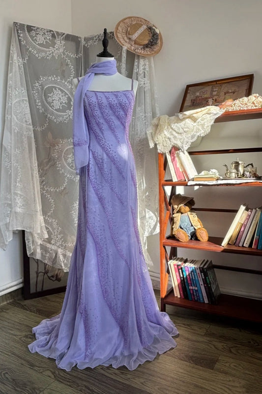 Robe de soirée romantique et luxueuse, style luxueux, couleur lavande, ornée de perles, dos croisé et traîne - Robe élégante pour mariage et dîner au jardin NV6363