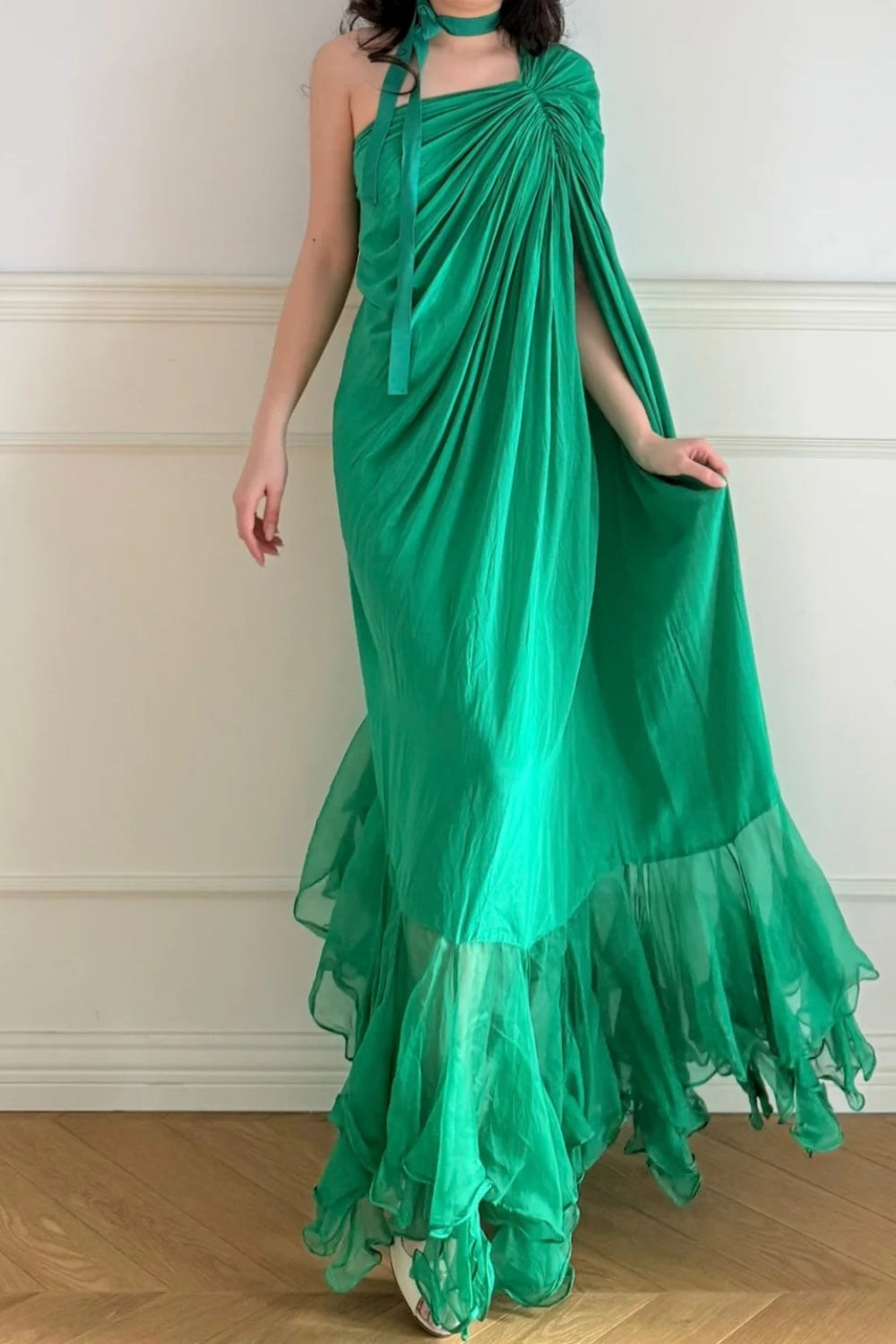 Robe de soirée longue en mousseline vert émeraude vintage NV6746