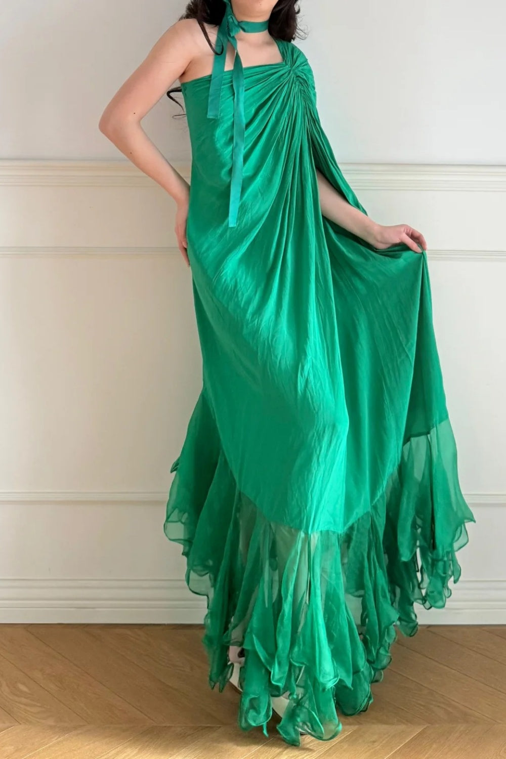 Robe de soirée longue en mousseline vert émeraude vintage NV6746