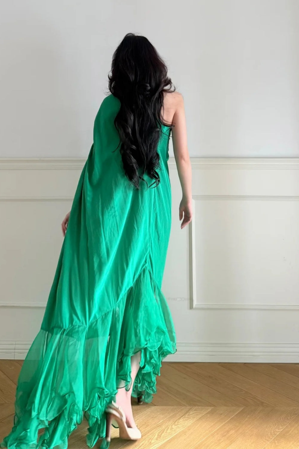 Robe de soirée longue en mousseline vert émeraude vintage NV6746