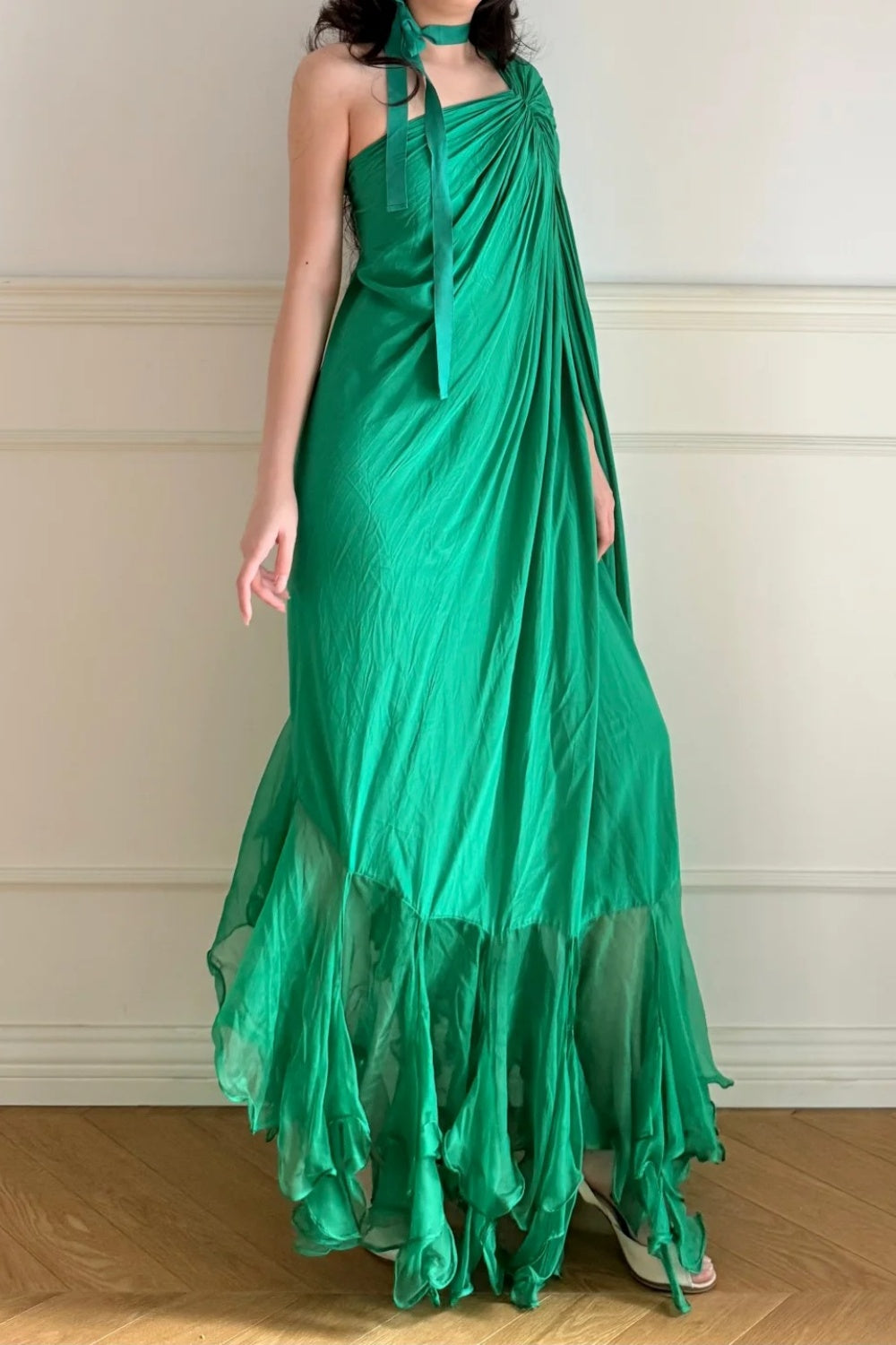 Robe de soirée longue en mousseline vert émeraude vintage NV6746