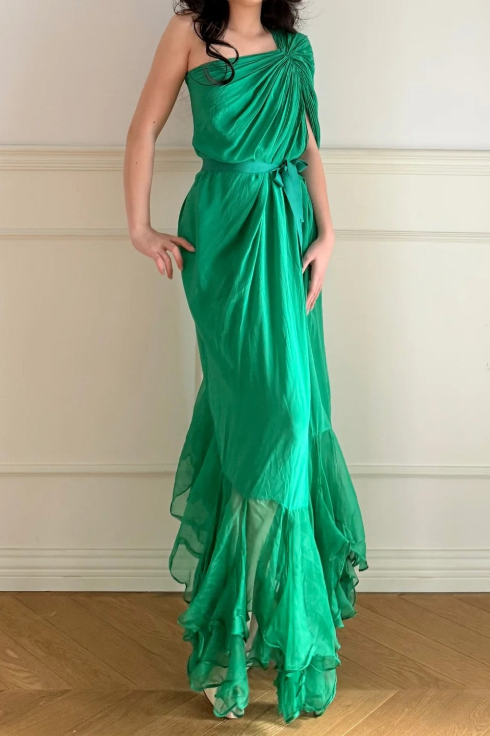 Robe de soirée longue en mousseline vert émeraude vintage NV6746