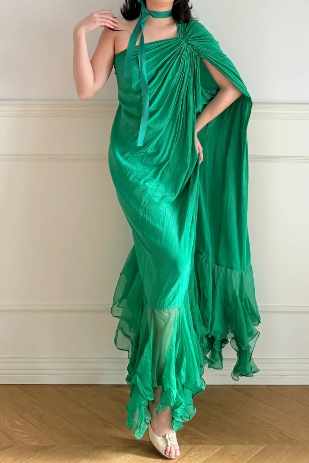 Robe de soirée longue en mousseline vert émeraude vintage NV6746