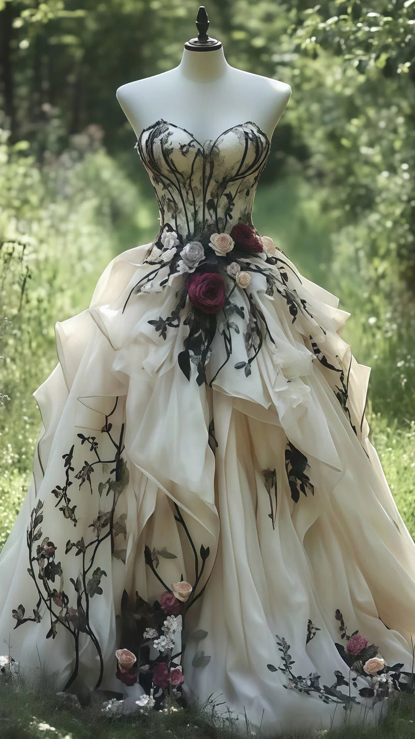 Robe de bal légère style bohème rétro, broderie champagne et vigne noire, sans bretelles, traîne - Robe d'invitée pour un mariage en extérieur dans un jardin NV6340