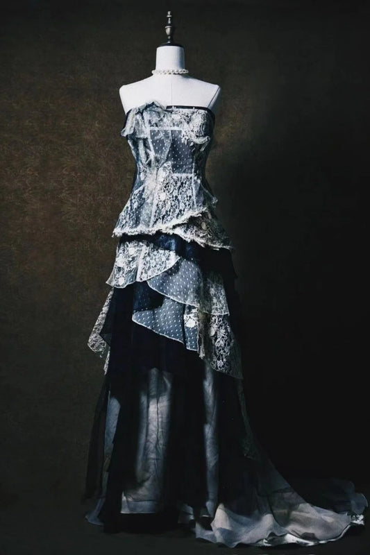 Robe de soirée vintage exquise en dentelle longue et tulle NV6610