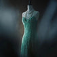 Robe de soirée rétro en mousseline longue, ornée de sequins verts et de perles exquises (NV6611)