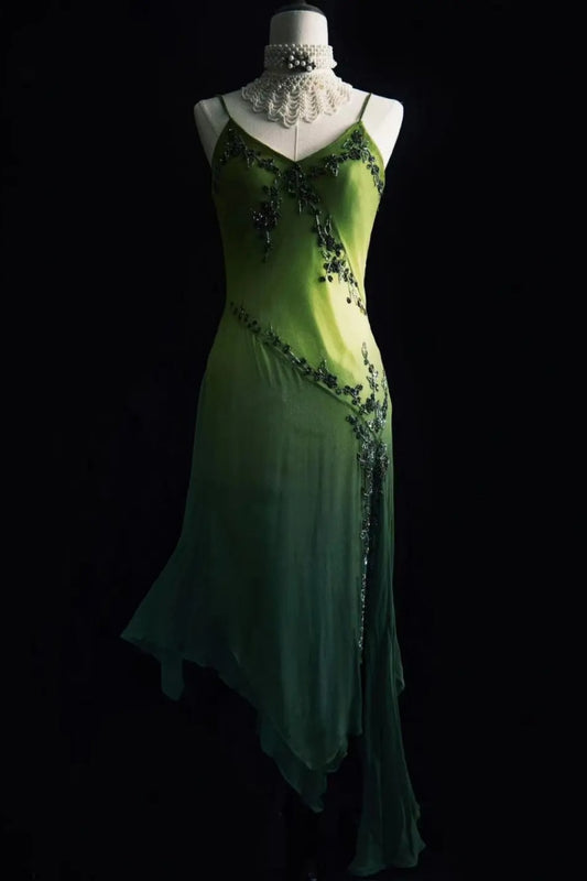 Vintage Vine Wrapped Summer Green Long Formal Dress Exquisite Beaded Vine NV6608