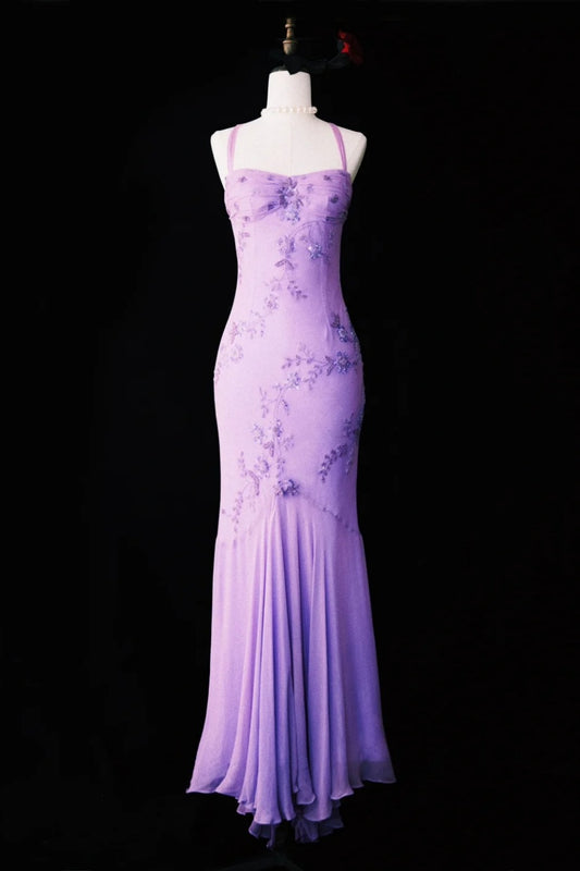 Robe longue en mousseline de soie violette vintage, ornée de perles et confectionnée à la main, NV6609