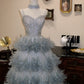 Robe de soirée de bal bleu clair gris à sequins et plumes, col montant, NV6551