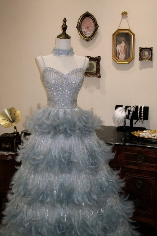 Robe de soirée de bal bleu clair gris à sequins et plumes, col montant, NV6551