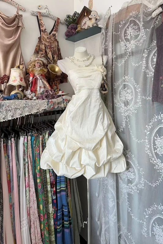 Fairy Sweet Cream White Strapless Puff Mini Dress | Jacquard Layered Skirt, Afternoon Tea Party Gift Outfit for Girls NV6292