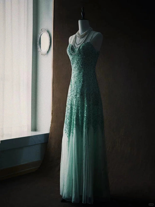 Robe de soirée rétro en mousseline longue, ornée de sequins verts et de perles exquises (NV6611)
