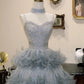 Robe de soirée de bal bleu clair gris à sequins et plumes, col montant, NV6551