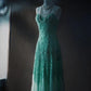 Robe de soirée rétro en mousseline longue, ornée de sequins verts et de perles exquises (NV6611)