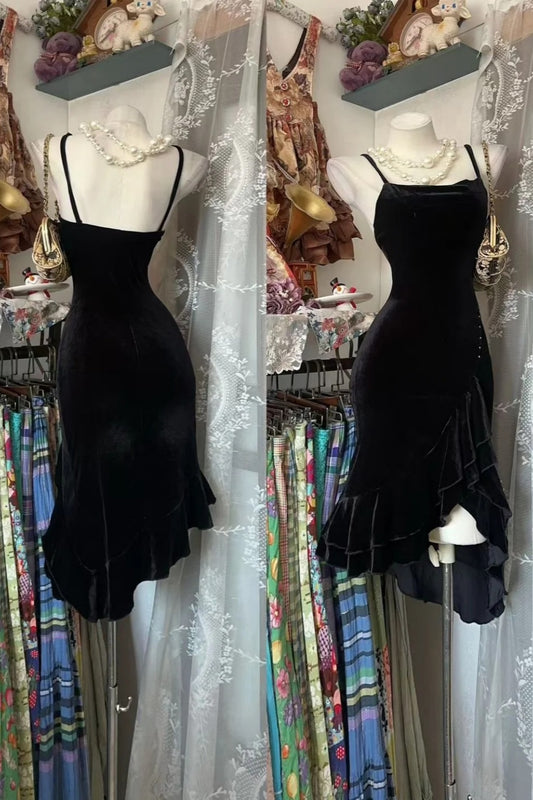 Vintage Black Velvet Cami Mermaid Dress Ruffle Hem Bodycon Evening Mini Dress NV6831
