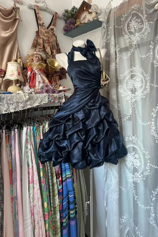 Edgy Navy Blue Halter Mini Dress | Satin Bow Layered Puff Skirt, Gala Party Gift Outfit for Girls NV6294