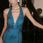 Robe de soirée longue en mousseline bleue ornée de perles exquises NV6602