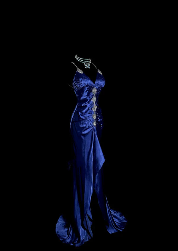 Blue exquisite beaded spaghetti strap satin long prom dress evening dress party dress graduation dress nv4264