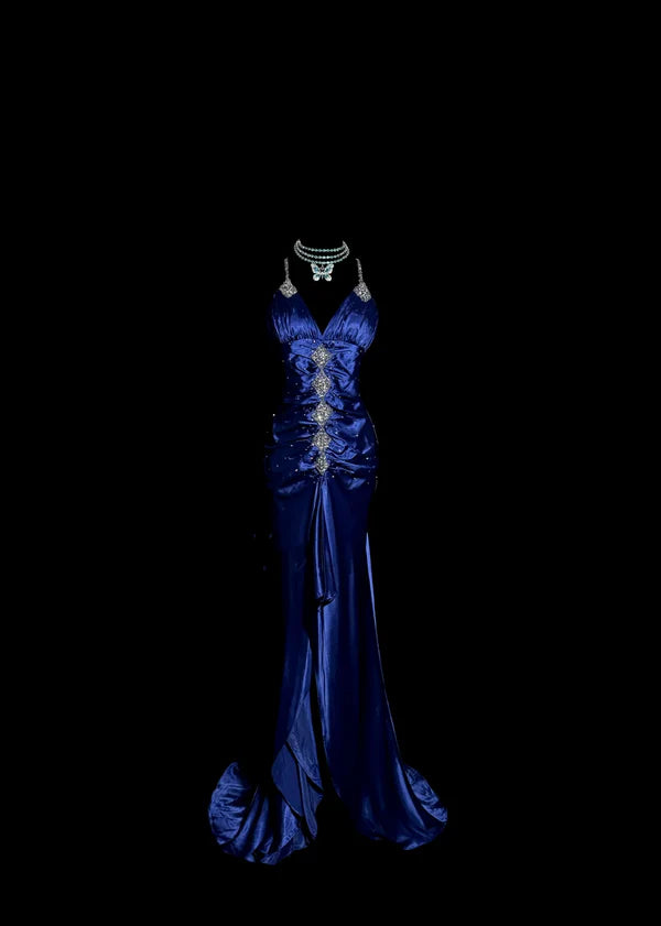 Blue exquisite beaded spaghetti strap satin long prom dress evening dress party dress graduation dress nv4264