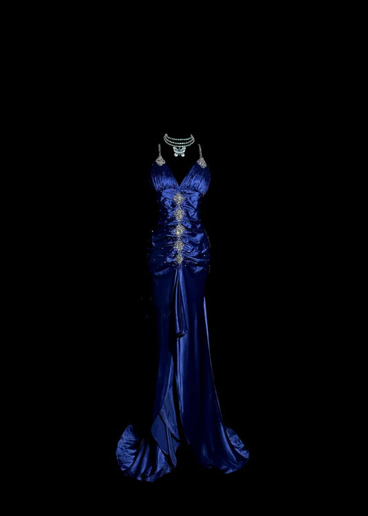 Blue exquisite beaded spaghetti strap satin long prom dress evening dress party dress graduation dress nv4264