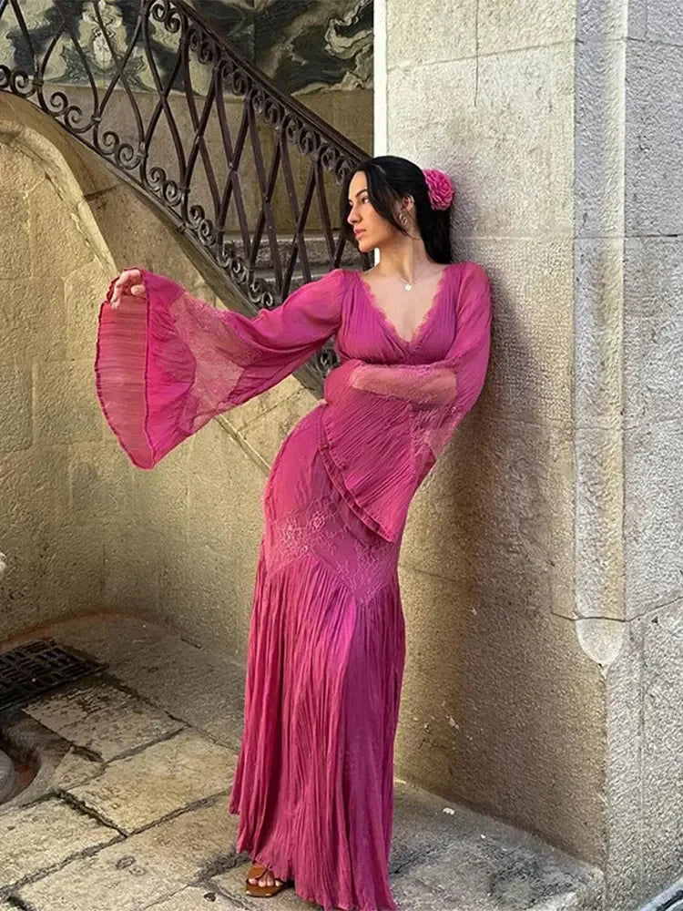 Pink Purple Lazy Retro Elegant Fashion V-neck Exquisite Lace Ruffle Long Sleeve Long Chiffon Floor-length Ball Gown Evening Gown Holiday Party Gown Bridesmaid Dress nv3823