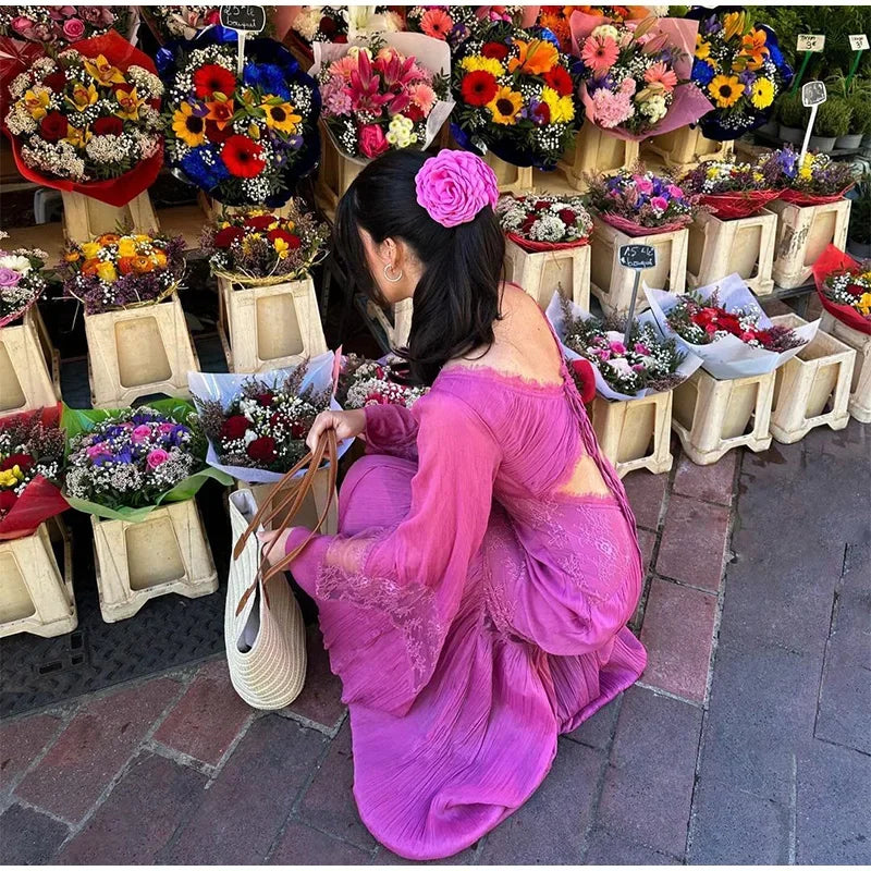 Pink Purple Lazy Retro Elegant Fashion V-neck Exquisite Lace Ruffle Long Sleeve Long Chiffon Floor-length Ball Gown Evening Gown Holiday Party Gown Bridesmaid Dress nv3823