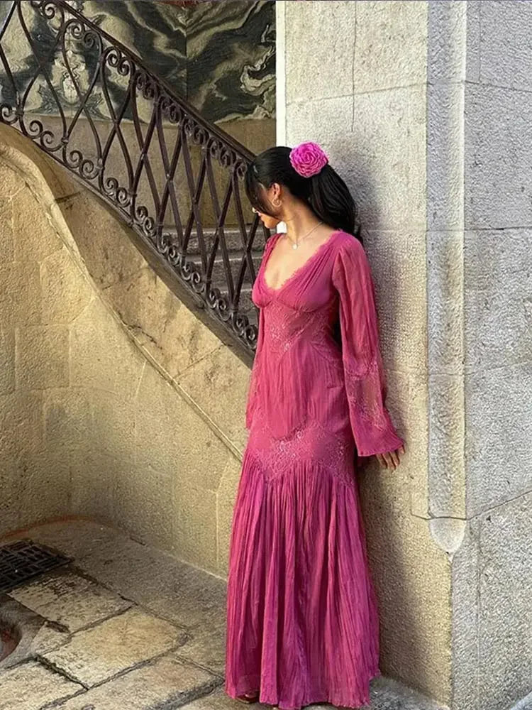 Pink Purple Lazy Retro Elegant Fashion V-neck Exquisite Lace Ruffle Long Sleeve Long Chiffon Floor-length Ball Gown Evening Gown Holiday Party Gown Bridesmaid Dress nv3823