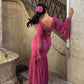 Pink Purple Lazy Retro Elegant Fashion V-neck Exquisite Lace Ruffle Long Sleeve Long Chiffon Floor-length Ball Gown Evening Gown Holiday Party Gown Bridesmaid Dress nv3823