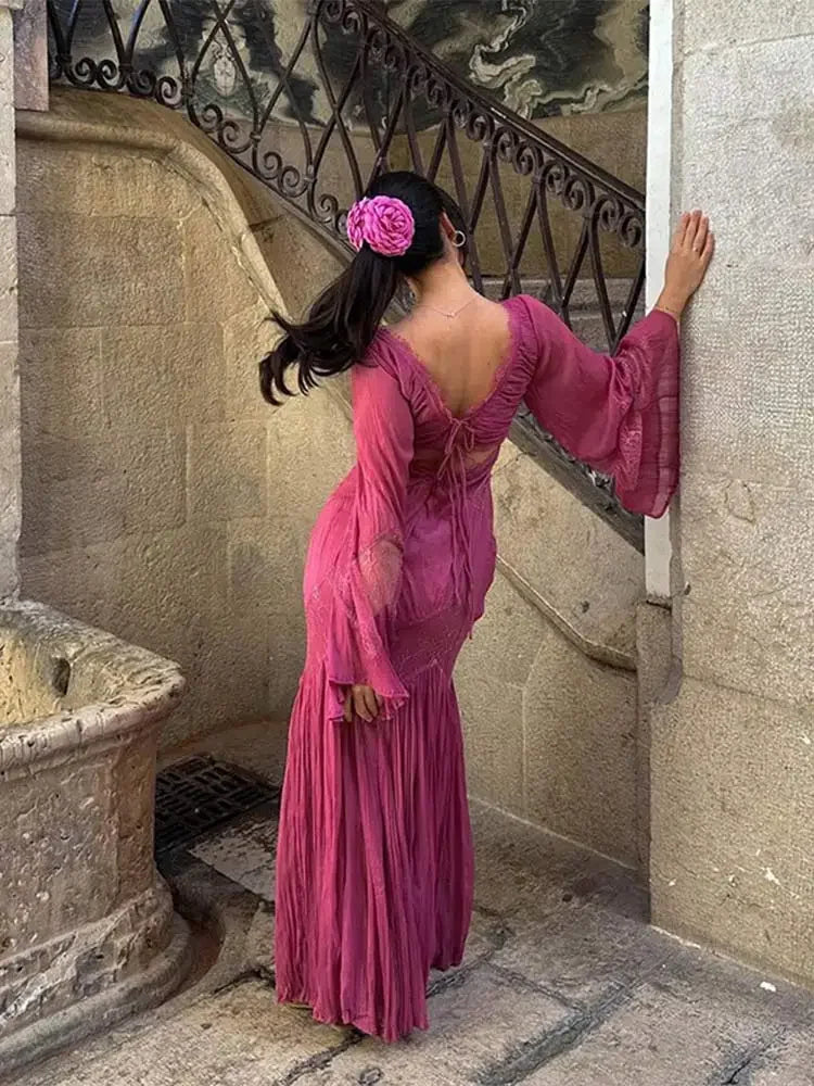 Pink Purple Lazy Retro Elegant Fashion V-neck Exquisite Lace Ruffle Long Sleeve Long Chiffon Floor-length Ball Gown Evening Gown Holiday Party Gown Bridesmaid Dress nv3823