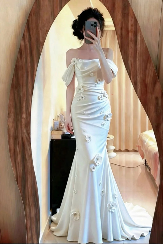 NiceVestidos - Robe de bal longue en satin blanc à motif floral NV6088